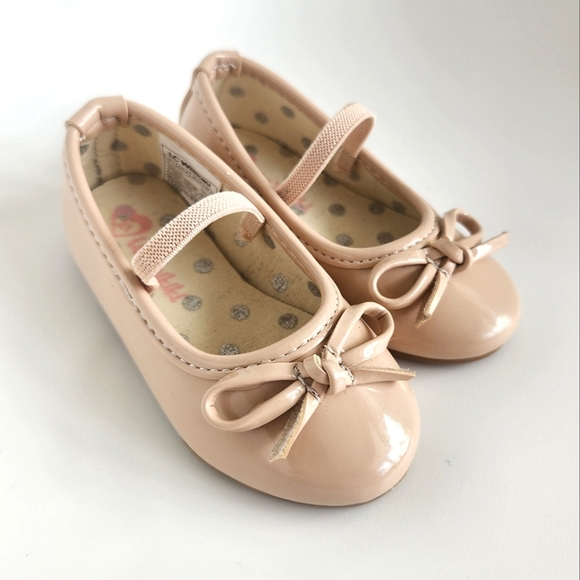 Toddler Girls Nude Pink Patent Ballet Flat Shoes with Bow & Strap, US 5/EU 21 - Picture 5 of 11